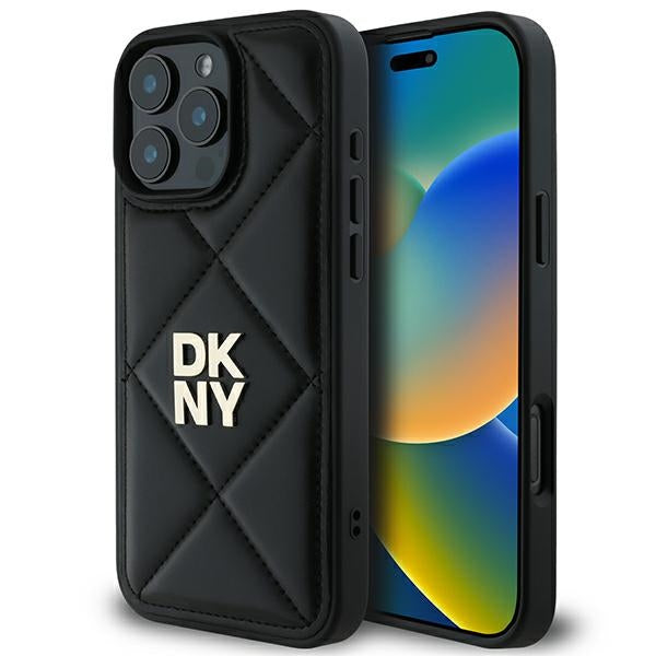 DKNY iPhone 16 Pro Max - Quilted Stack Logo Σκληρή Θήκη με Επένδυση Συνθετικού Δέρματος - Black