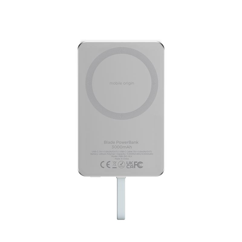 Mobile Origin Origin Blade PowerBank 3000mAh με Ενσωματωμένο Καλώδιο Type-C και Type-C to Type-C Καλώδιο - Silver