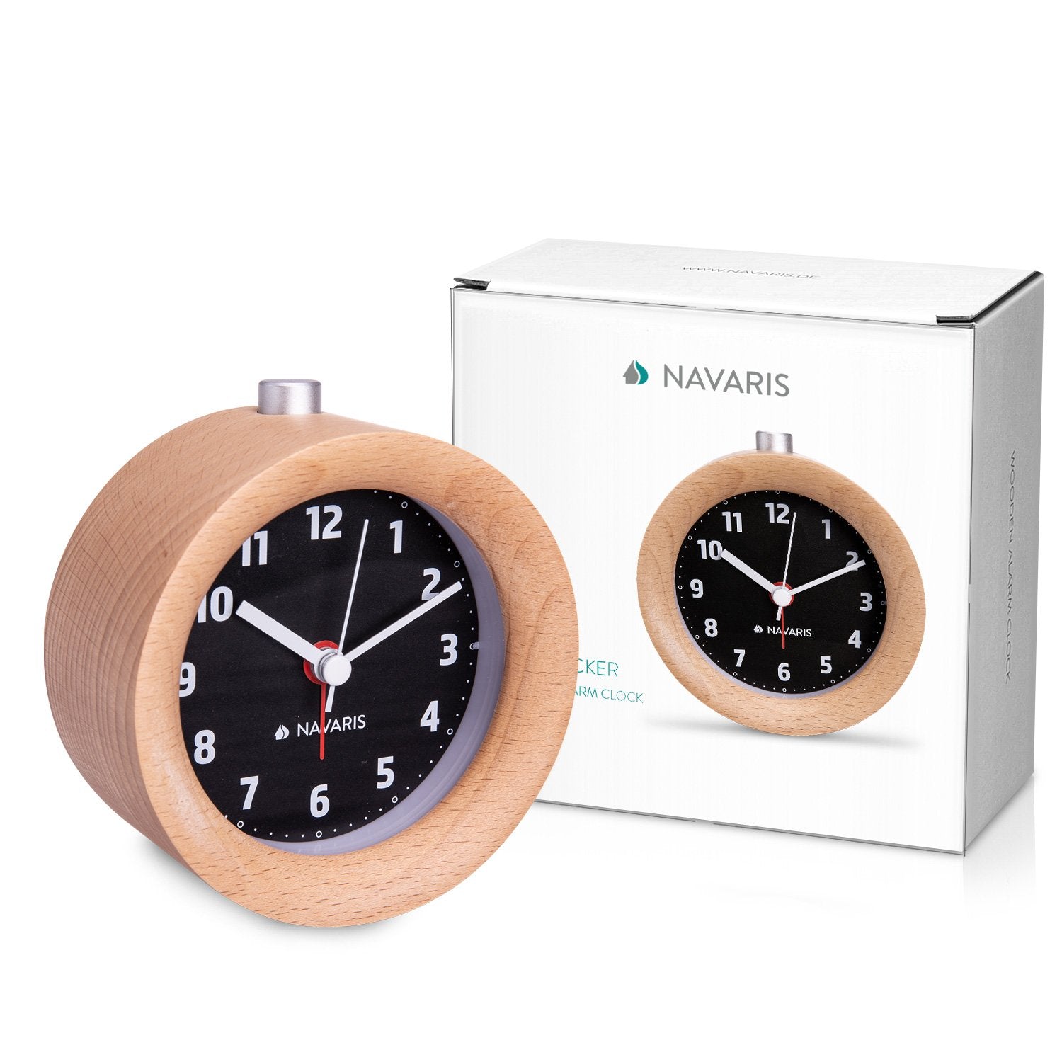 Navaris Analogue Wood Alarm Clock Design Round - Αναλογικό Επιτραπέζιο Ρολόι και Ξυπνητήρι - Black / Light Brown - 46269.24.03