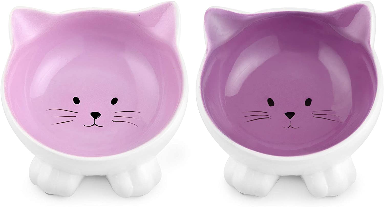 Navaris Cat Bowls with Ears Set of 2 - Σετ με 2 Μπολ Φαγητού και Νερού 130ml σε Σχήμα Γάτας - Purple / Pink - 50736.45