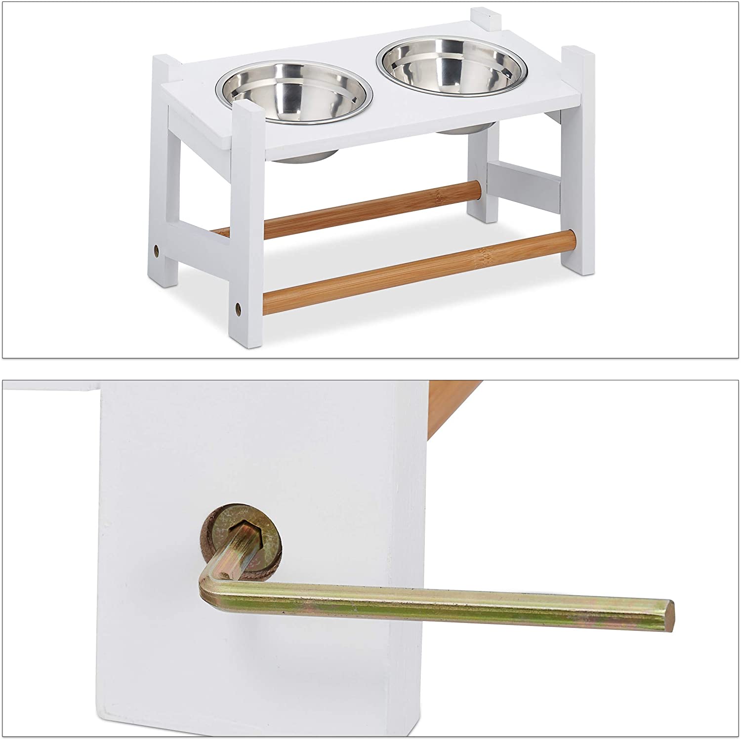 Relaxdays Ρυθμιζόμενη Ξύλινη Βάση με 2 Μπολ 500ml από Ανοξείδωτο Ατσάλι - Small - 4052025923655