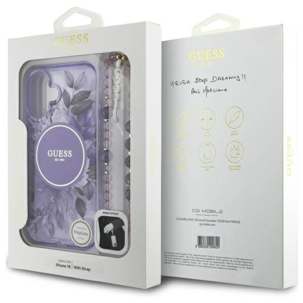 Guess iPhone 16 Plus - IML Flowers With Pearl Strap MagSafe - Σκληρή Θήκη με Πλαίσιο Σιλικόνης και Λουράκι - Purple - GUHMP16MHFWBRCESU