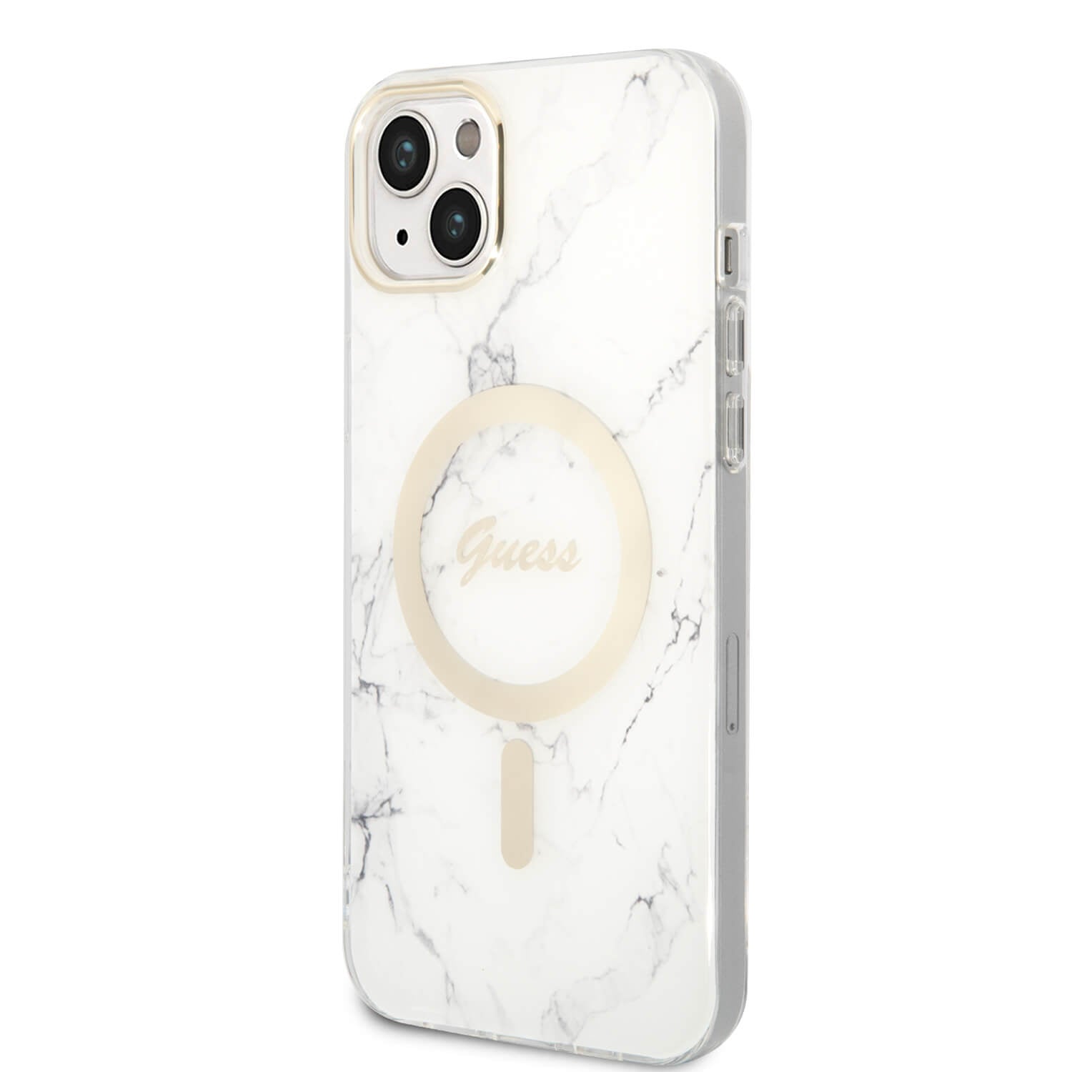 Guess iPhone 15 Plus / 14 Plus - Bundle Pack - Σετ Σκληρή Θήκη με Πλαίσιο Σιλικόνης και Ασύρματος Φορτιστής MagSafe - Design Marble MagSafe - White - GUBPP14MHMEACSH