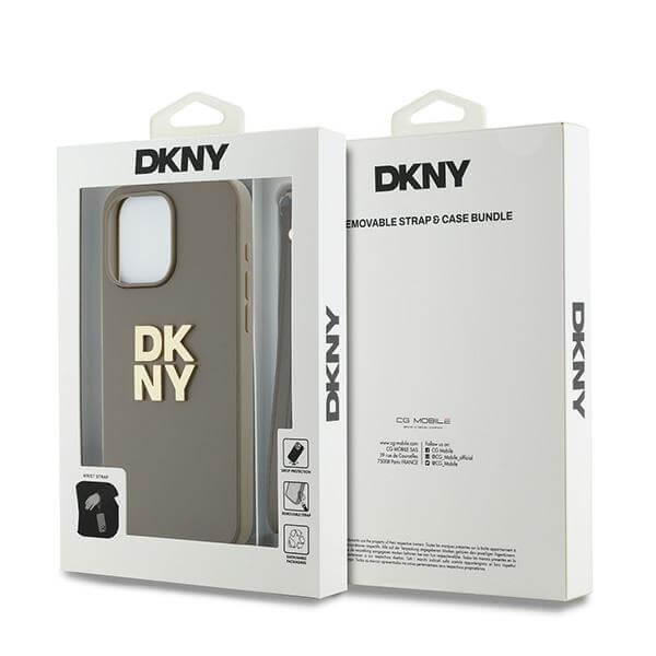 DKNY iPhone 15 Pro Max - Wrist Strap Stock Logo - Σκληρή Θήκη με Επένδυση Συνθετικού Δέρματος και Λουράκι - Beige