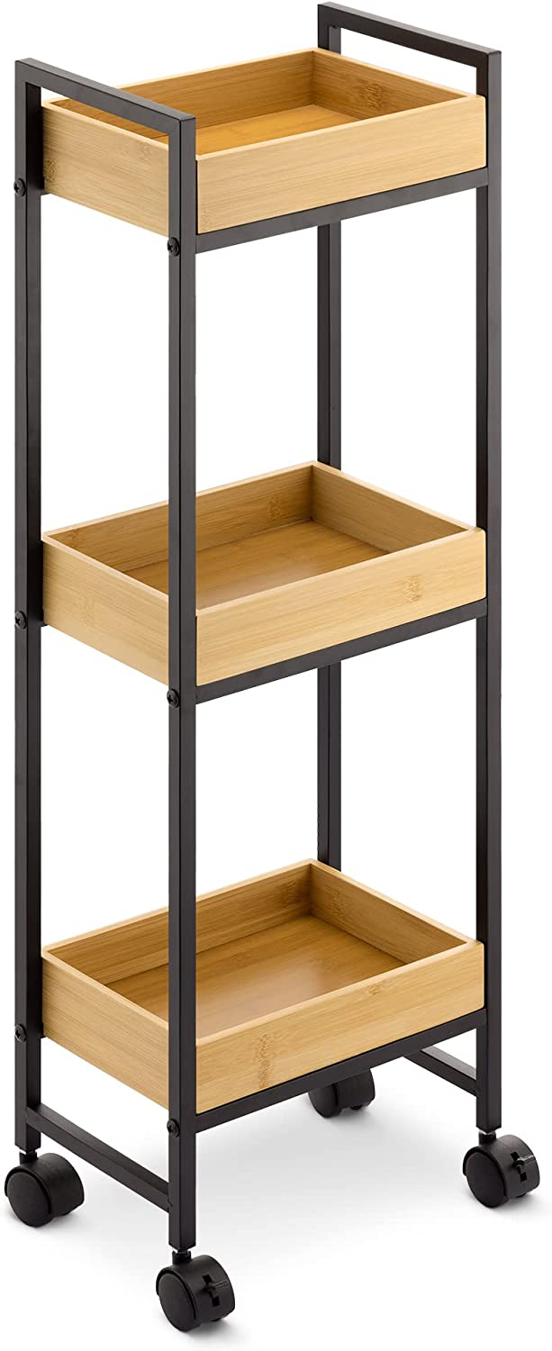 Navaris Τρόλεϊ Αποθήκευσης με 3 Ράφια από Μπαμπού - 27 x 18 x 82 cm - Natural / Black - 57558.01