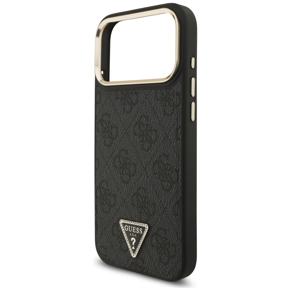 Guess iPhone 17 Pro Max - 4G Triangle Strass Logo MagSafe - Σκληρή Θήκη με Επένδυση Συνθετικού Δέρματος - Black / Gold - GUHMP17XP4GTDGMK