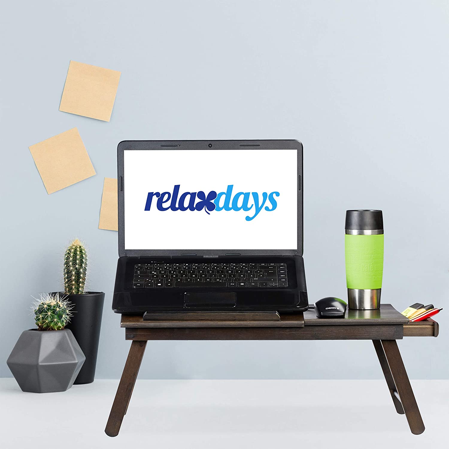 Relaxdays Bamboo Τραπεζάκι Κρεβατιού με Ρυθμιζόμενο Ύψος για Φορητό Υπολογιστή με Βάση για Ποτήρι - Dark Brown - 4052025232436