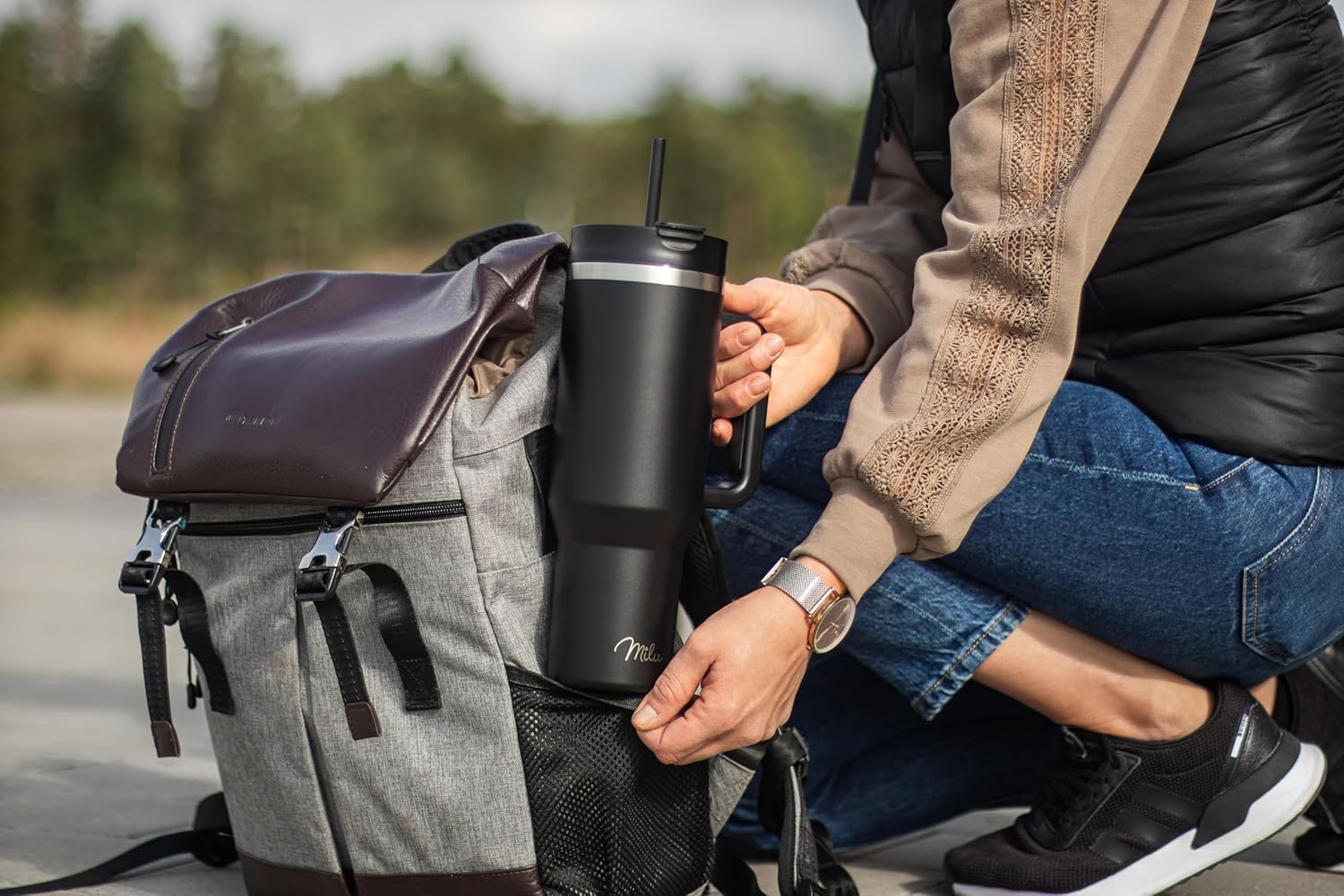 Milu T11 Ποτήρι Θερμός Από Ανοξείδωτο Ατσάλι με Καπάκι 2 σε 1 και Καλαμάκι - 1.2L - Black - 1952