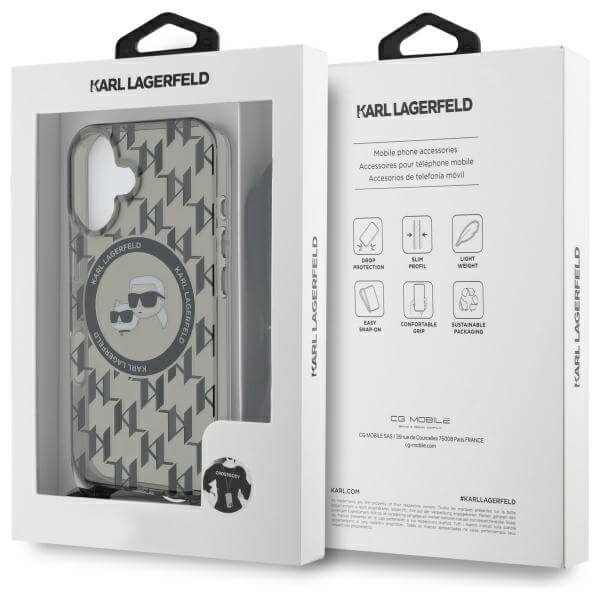 Karl Lagerfeld iPhone 16 - IML Crossbody Monogram Karl and Choupette Head - MagSafe Σκληρή Θήκη με Πλαίσιο Σιλικόνης και Λουράκι - Black - KLHMP16SHCKCKLCK