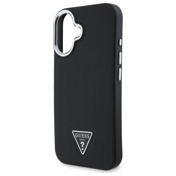 Guess iPhone 16 Plus - Grained Triangle MagSafe - Σκληρή Θήκη με Επένδυση Συνθετικού Δέρματος και Πλαίσιο Σιλικόνης - Black - GUHMP16MPGTSPSK