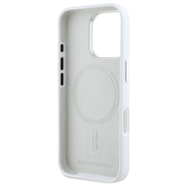 Karl Lagerfeld iPhone 16 Pro Max - Silicone Initial Metal Logo - MagSafe Σκληρή Θήκη με Πλαίσιο Σιλικόνης - White - KLHMP16XSCMKMPCH