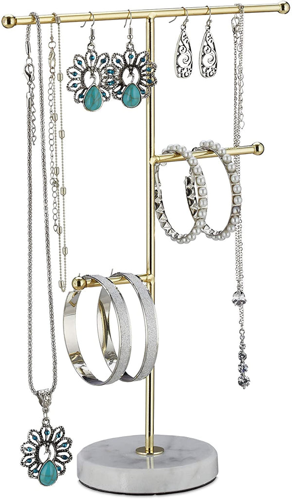 Relaxdays Μεταλλικό Stand Κοσμημάτων με Μαρμάρινη Βάση - White / Gold - 4052025330163