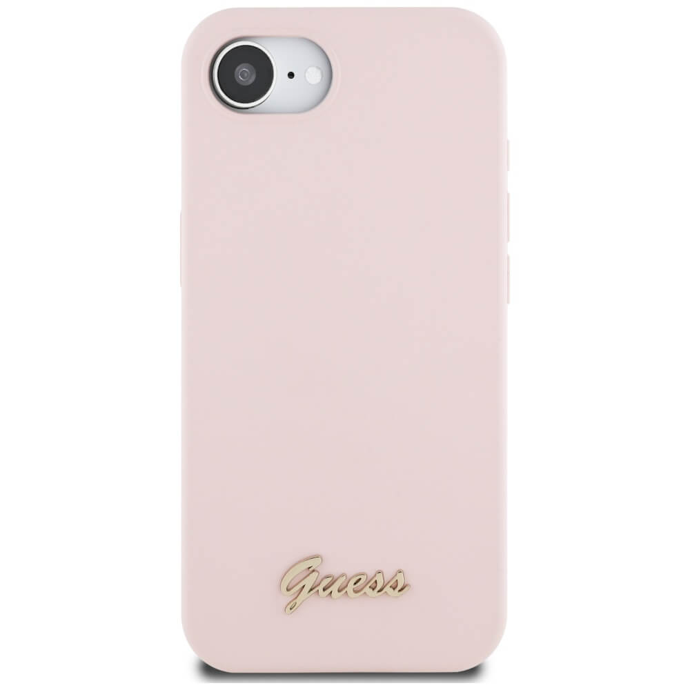 Guess iPhone 16e - Silicone Script Metal Logo - MagSafe Σκληρή Θήκη με Πλαίσιο Σιλικόνης - Pink - GUHMPSE4SMBSLP