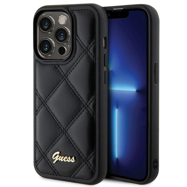Guess iPhone 15 Pro Max - Quilted Metal Logo Θήκη με Επένδυση Συνθετικού Δέρματος - Black - GUHCP15XPSQSQSK
