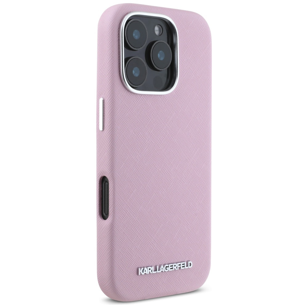 Karl Lagerfeld iPhone 16 Pro - Saffiano Full Wrapped Elongated Metal Logo - MagSafe Σκληρή Θήκη με Επένδυση Συνθετικού Δέρματος και Πλαίσιο Σιλικόνης - Pink - KLHMP16LPSAFWMCP