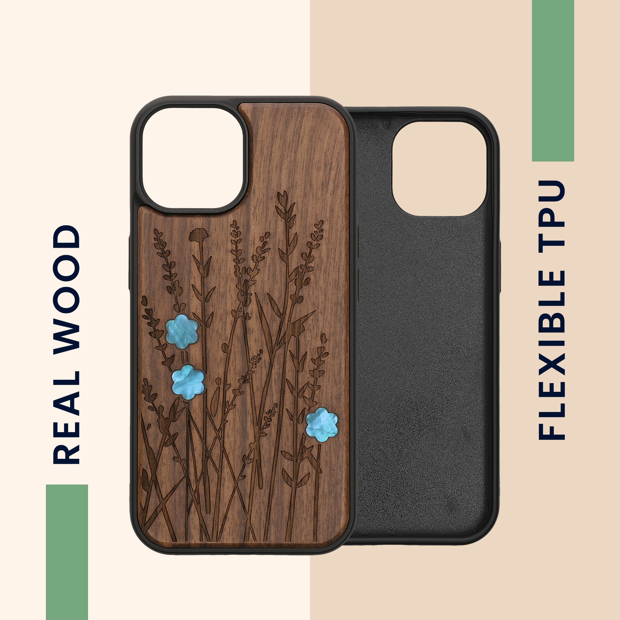 KW iPhone 15 Θήκη από Φυσικό Ξύλο - Design Wild Flowers Pearl - Dark Brown