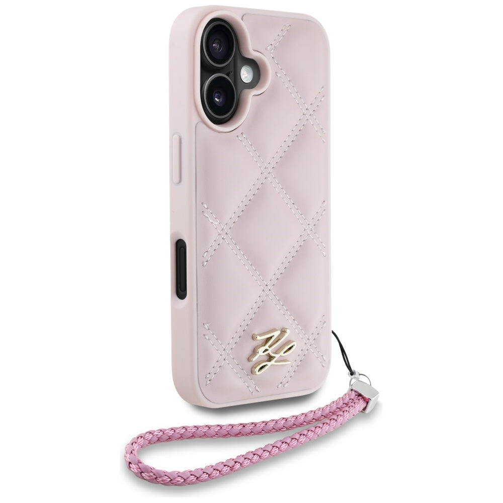 Karl Lagerfeld iPhone 16 - Quilted Initial Logo and Chain Strap - Θήκη με Επένδυση Συνθετικού Δέρματος και Λουράκι - Pink - KLHCP16SPSQSKLSMSP