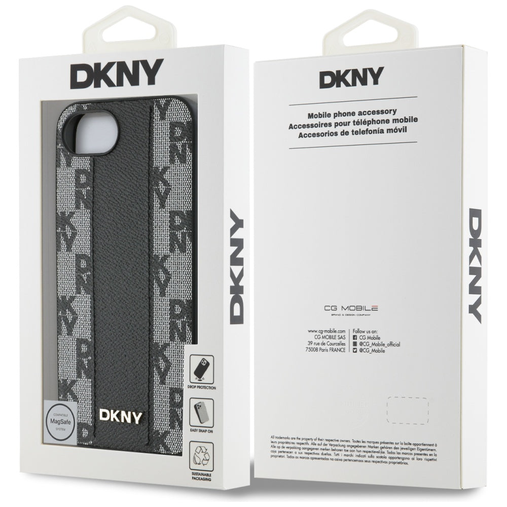 DKNY iPhone 16e - Leather Checkered Mono Pattern MagSafe Σκληρή Θήκη με Επένδυση Συνθετικού Δέρματος - Black
