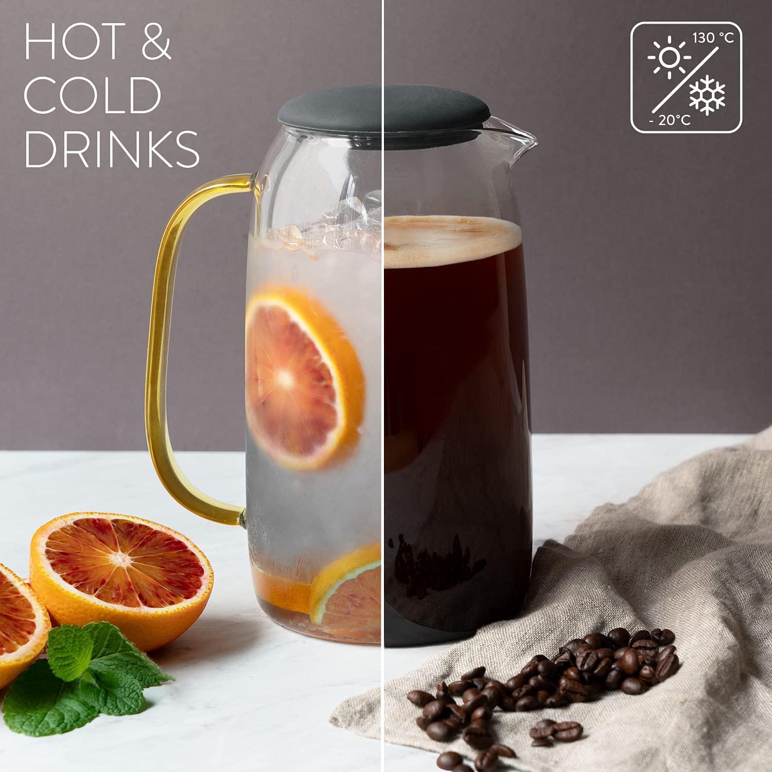 Navaris Γυάλινη Κανάτα Νερού με Καπάκι Σιλικόνης και 4 Ποτήρια - 1,55L - Grey / Διάφανη - 51066.22.05