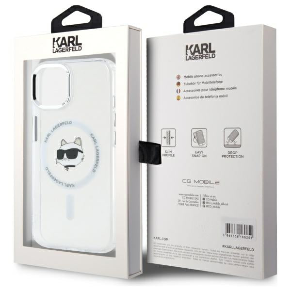 Karl Lagerfeld iPhone 15 - IML Metal Choupette Head - MagSafe Σκληρή Θήκη με Πλαίσιο Σιλικόνης - White - KLHMP15SHLSCHH