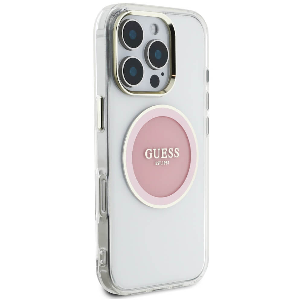 Guess iPhone 16 Pro IML Metal Colored Circle Classic Logo MagSafe Σκληρή Θήκη με Πλαίσιο Σιλικόνης και MagSafe - Pink - GUHMP16LHTDRCEDP