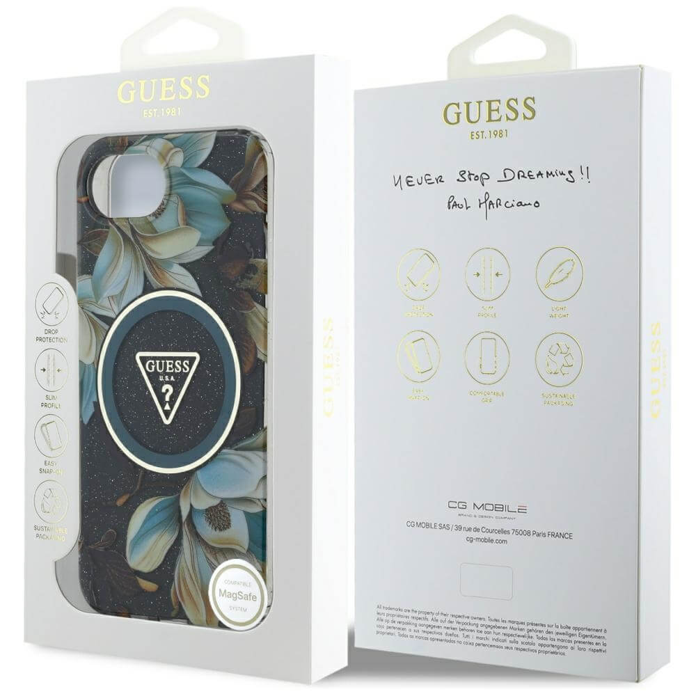 Guess iPhone 16e - IML Metal Glitter Flowers Triangle MagSafe - Σκληρή Θήκη με Πλαίσιο Σιλικόνης και MagSafe - Black - GUHMPSE4HFLPEDK