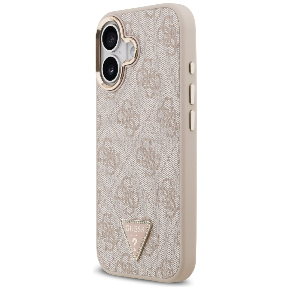 Guess iPhone 17 - 4G Triangle Strass Logo MagSafe - Σκληρή Θήκη με Επένδυση Συνθετικού Δέρματος - Pink / Gold - GUHMP17SP4GTDGMP
