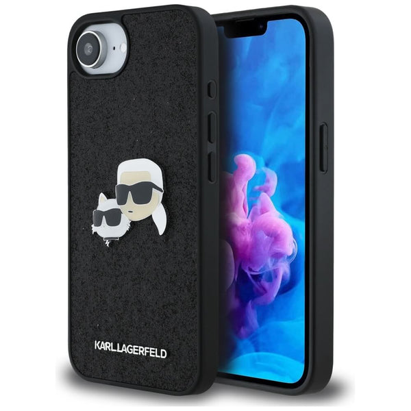 Karl Lagerfeld iPhone 16e - Fixed Glitter Karl and Choupette Heads Metal Pin - Σκληρή Θήκη με Πλαίσιο Σιλικόνης - Black - KLHCPSE4PFGKCPK