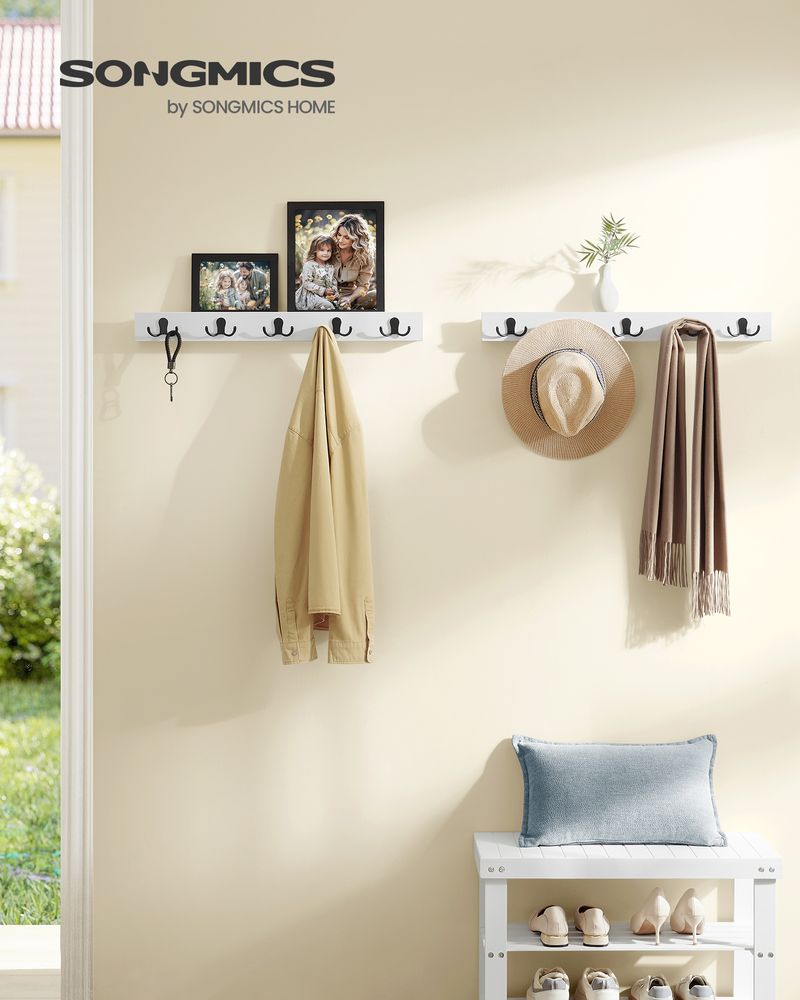 Songmics Σετ με 2 Επιτοίχιες Κρεμάστρες με 5 Διπλούς Μεταλλικούς Γάντζους και Ράφι - Cloud White - LCR052W01