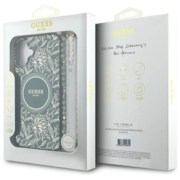 Guess iPhone 16 - IML Flowers Allover Electro With Pearl Strap MagSafe - Σκληρή Θήκη με Πλαίσιο Σιλικόνης και Λουράκι - White / Green - GUHMP16SHCPOFPA