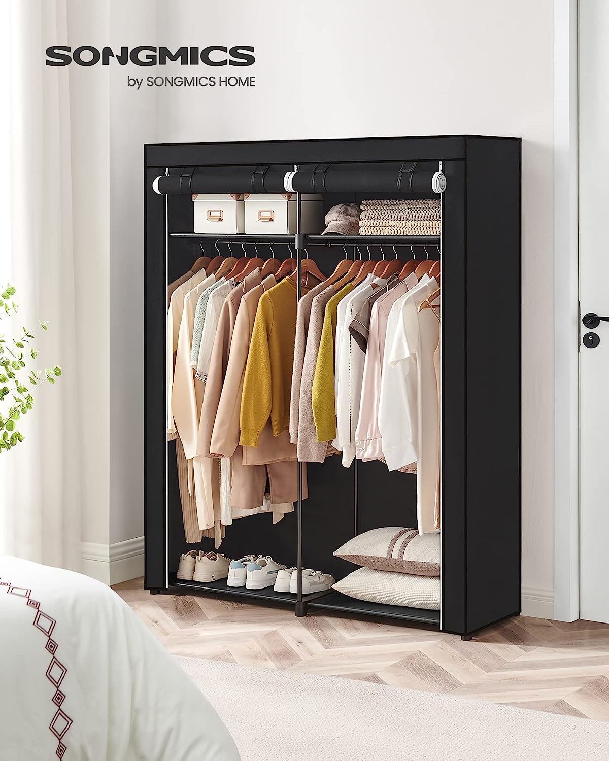 Songmics Υφασμάτινη Ντουλάπα με Ράγα Ρούχων και Ράφια - 140 x 43 x 174 cm - Black - RYG02BK