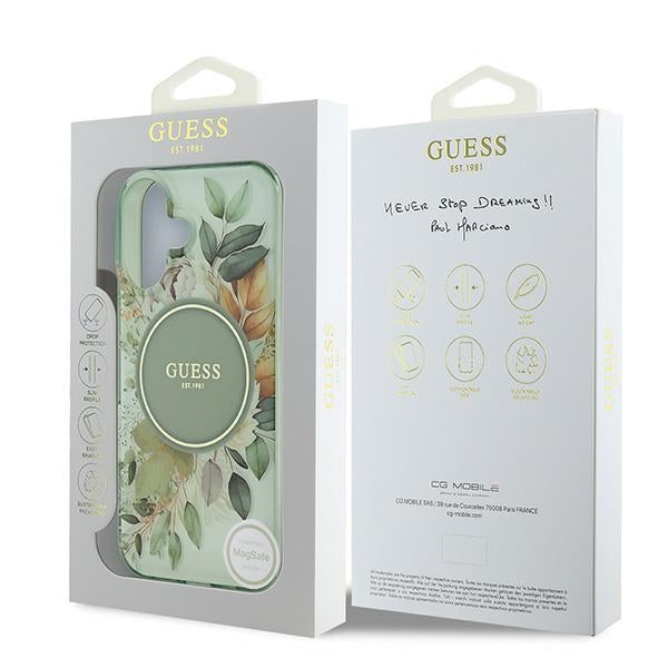Guess iPhone 16 Plus - IML Flower and Tonal Circle - MagSafe Σκληρή Θήκη με Πλαίσιο Σιλικόνης - Green - GUHMP16MHFWBDCEN