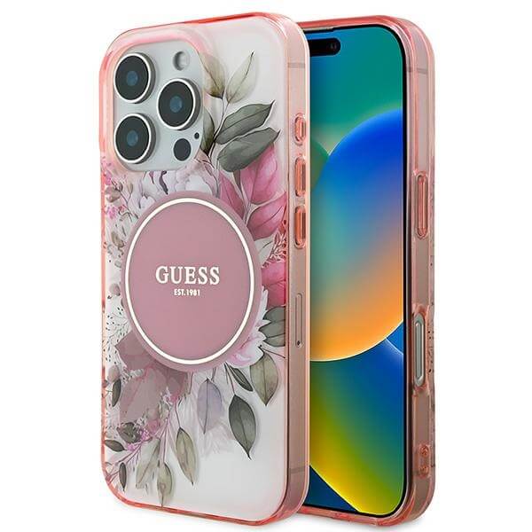 Guess iPhone 16 Pro Max - IML Flower and Tonal Circle MagSafe - Σκληρή Θήκη με Πλαίσιο Σιλικόνης - Pink - GUHMP16XHFWBDCEP