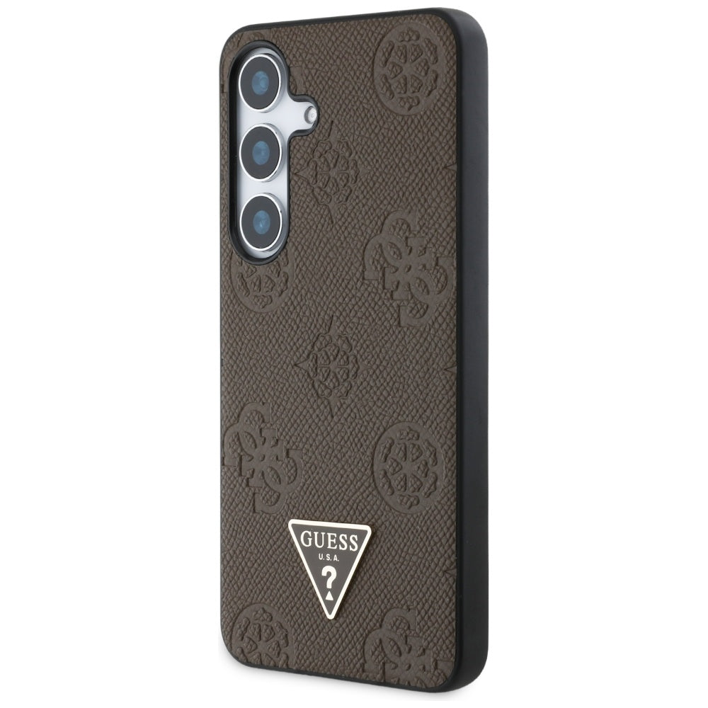 Guess Samsung Galaxy S25 - Grained Hot Stamp Peony Pattern Triangle Logo - MagSafe Σκληρή Θήκη με Πλαίσιο Σιλικόνης και Συνθετικό Δέρμα - Brown - GUHMS25SPGBTMW