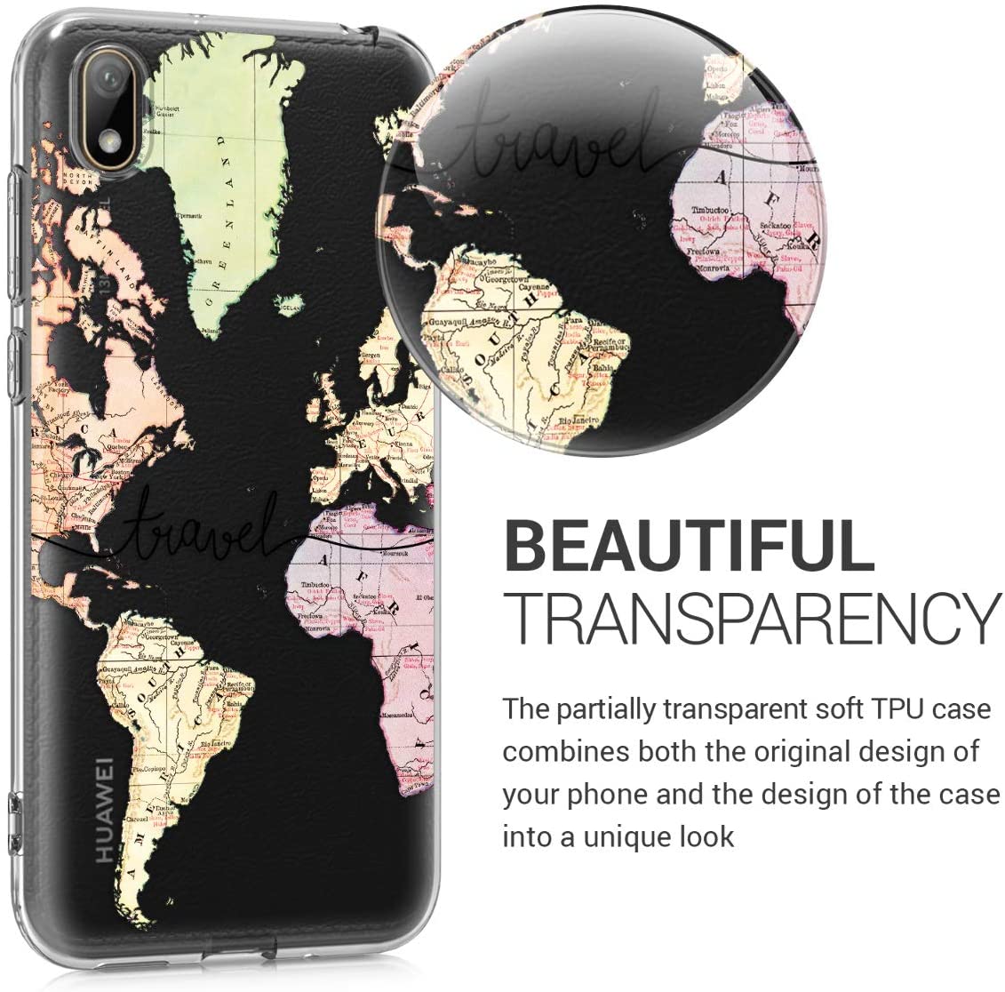 KW Huawei Y5 2019 Θήκη Σιλικόνης TPU Design Travel - Multicolor / Black - Διάφανη - 52158.01
