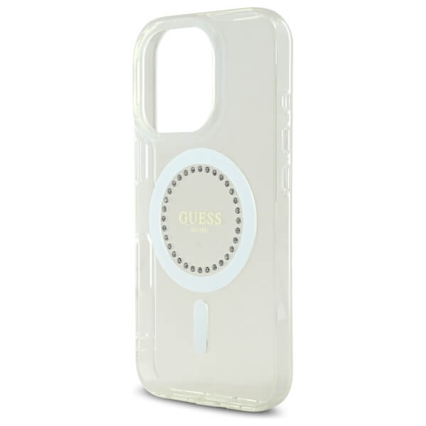 Guess iPhone 16 Pro Max - IML Rhinestones - MagSafe Σκληρή Θήκη με Πλαίσιο Σιλικόνης - White - GUHMP16XPFTDTEH