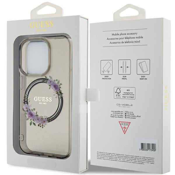 Guess iPhone 15 Pro IML Flowers Wreatch MagSafe Σκληρή Θήκη με Πλαίσιο Σιλικόνης και MagSafe - Black - GUHMP15LHFWFCK