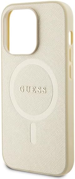 Guess iPhone 15 Pro Saffiano MagSafe Σκληρή Θήκη με Πλαίσιο Σιλικόνης και MagSafe - Gold - GUHMP15LPSAHMCB