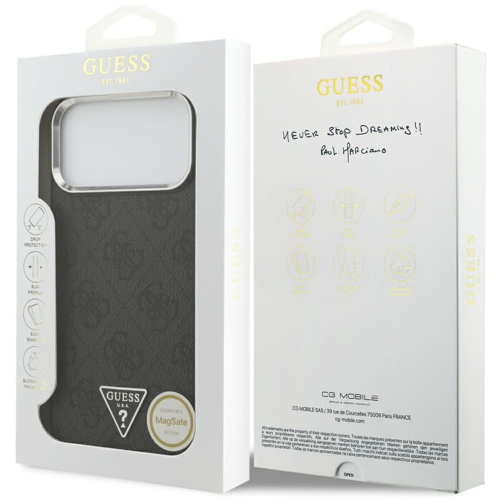 Guess iPhone 17 Pro Max - 4G Triangle Logo MagSafe - Σκληρή Θήκη με Πλαίσιο Σιλικόνης και Επένδυση Συνθετικού Δέρματος - Black / Silver - GUHMP17XP4TSRCMK