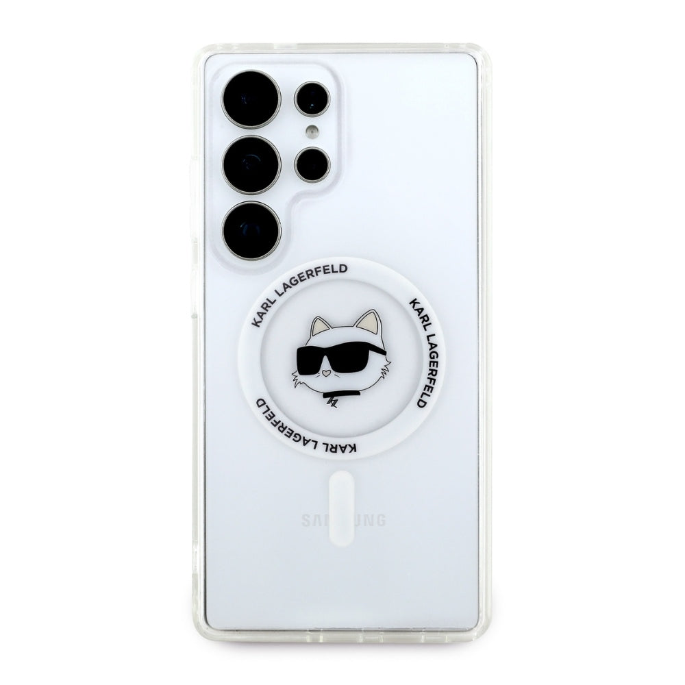 Karl Lagerfeld Samsung Galaxy S25 Ultra - Button Choupette Head Printed Logo - MagSafe Σκληρή Θήκη με Πλαίσιο Σιλικόνης - White - KLHMS25LHLSCHH