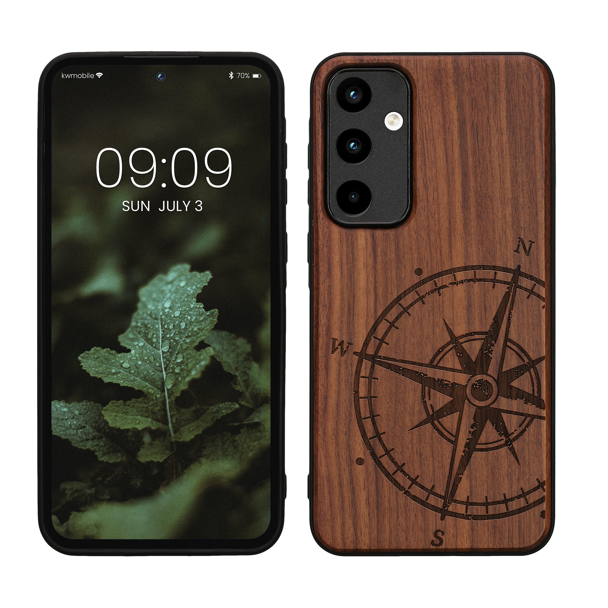 KW Samsung Galaxy A55 5G Θήκη από Φυσικό Ξύλο - Design Navigational Compass - Dark Brown