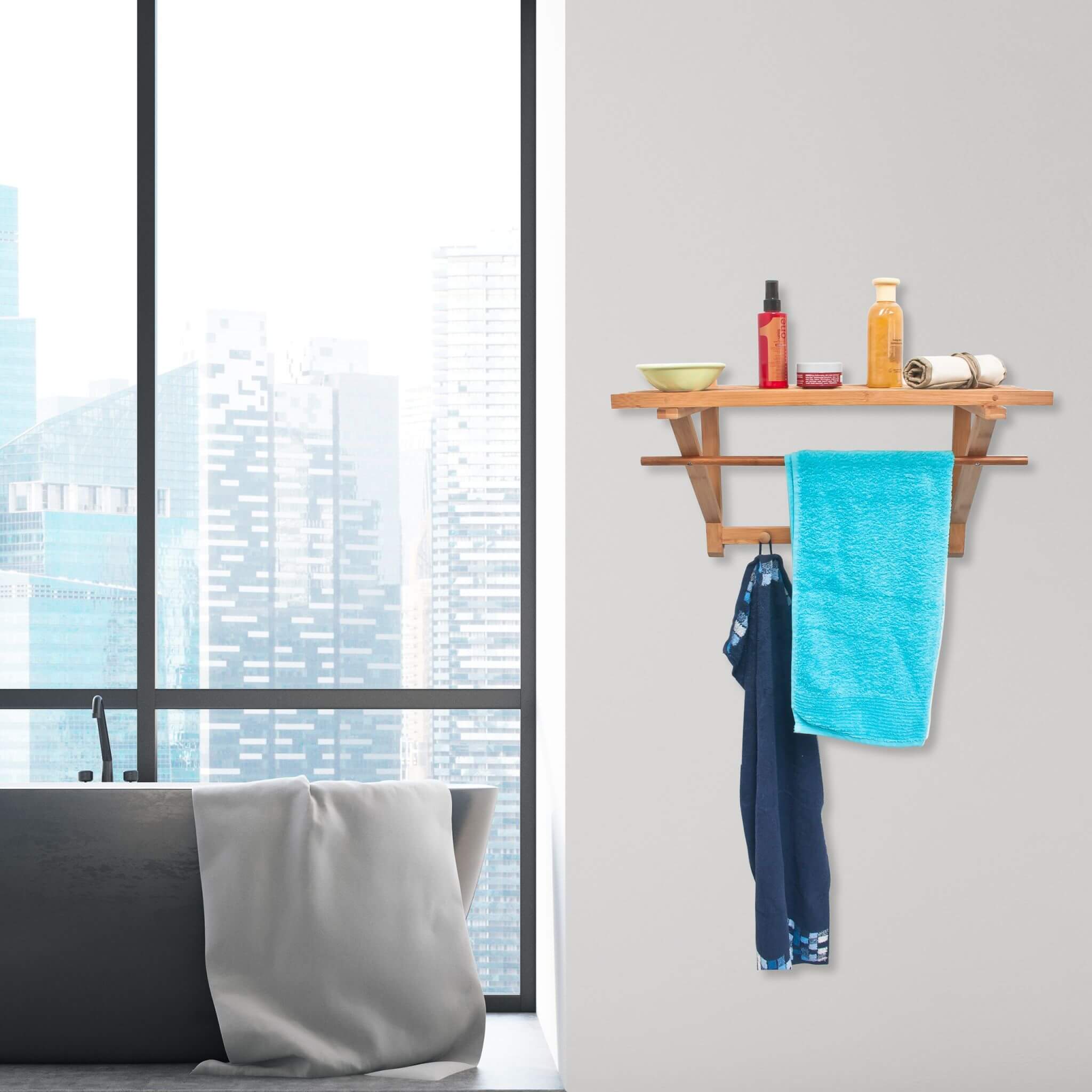 Relaxdays Ξύλινη Κρεμάστρα Τοίχου με Ράφι από Bamboo - Natural - 4052025171551