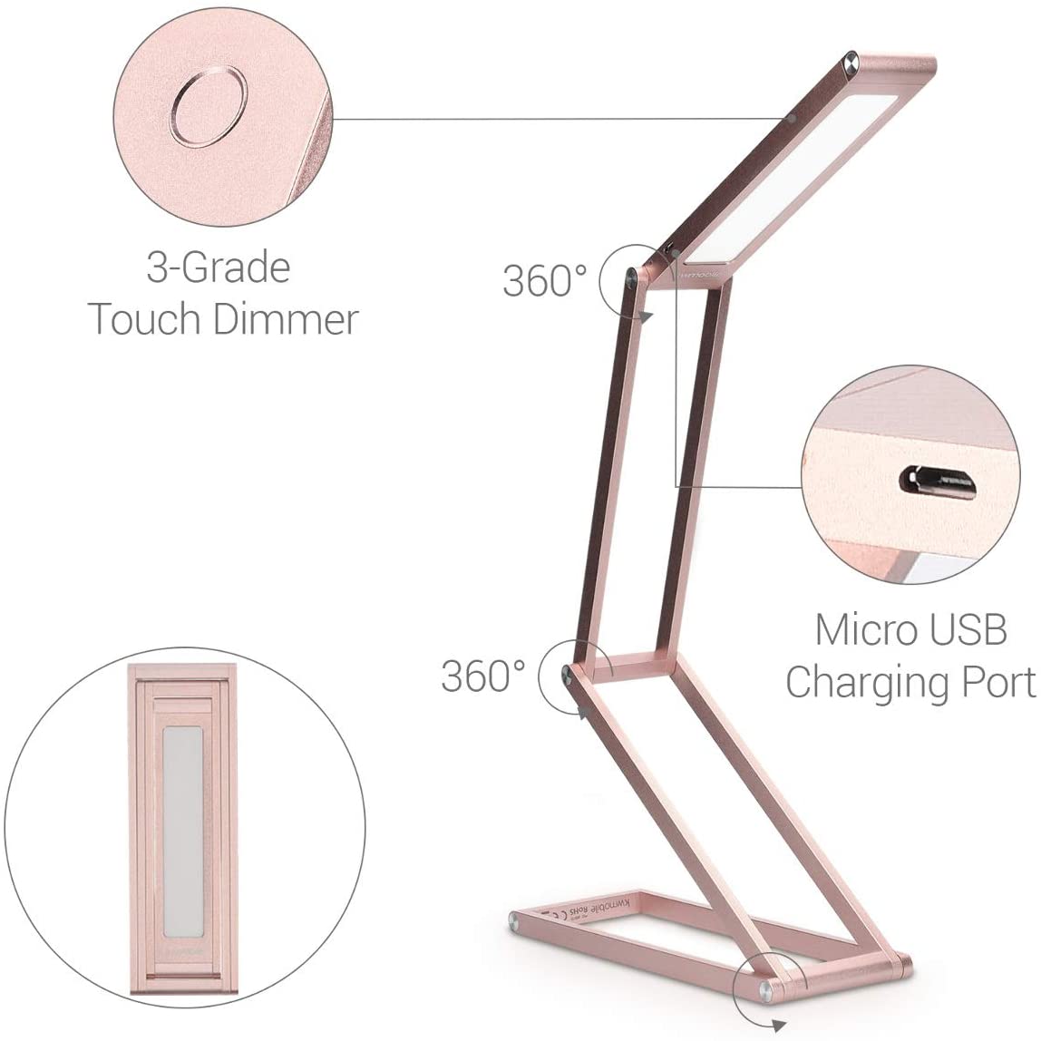 KW LED Folding Desk Lamp Επαναφορτιζόμενο Αναδιπλούμενο Μεταλλικό Φωτιστικό με καλώδιο Micro USB - Rose Gold - 40590.81