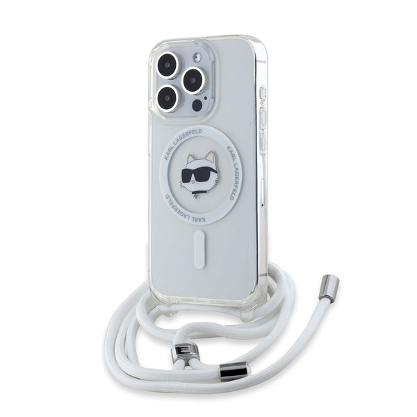 Karl Lagerfeld iPhone 15 Pro - IML Choupette Head and Cord - MagSafe Σκληρή Θήκη με Πλαίσιο Σιλικόνης και Λουράκι - Διάφανη - KLHMP15LHCCHNT