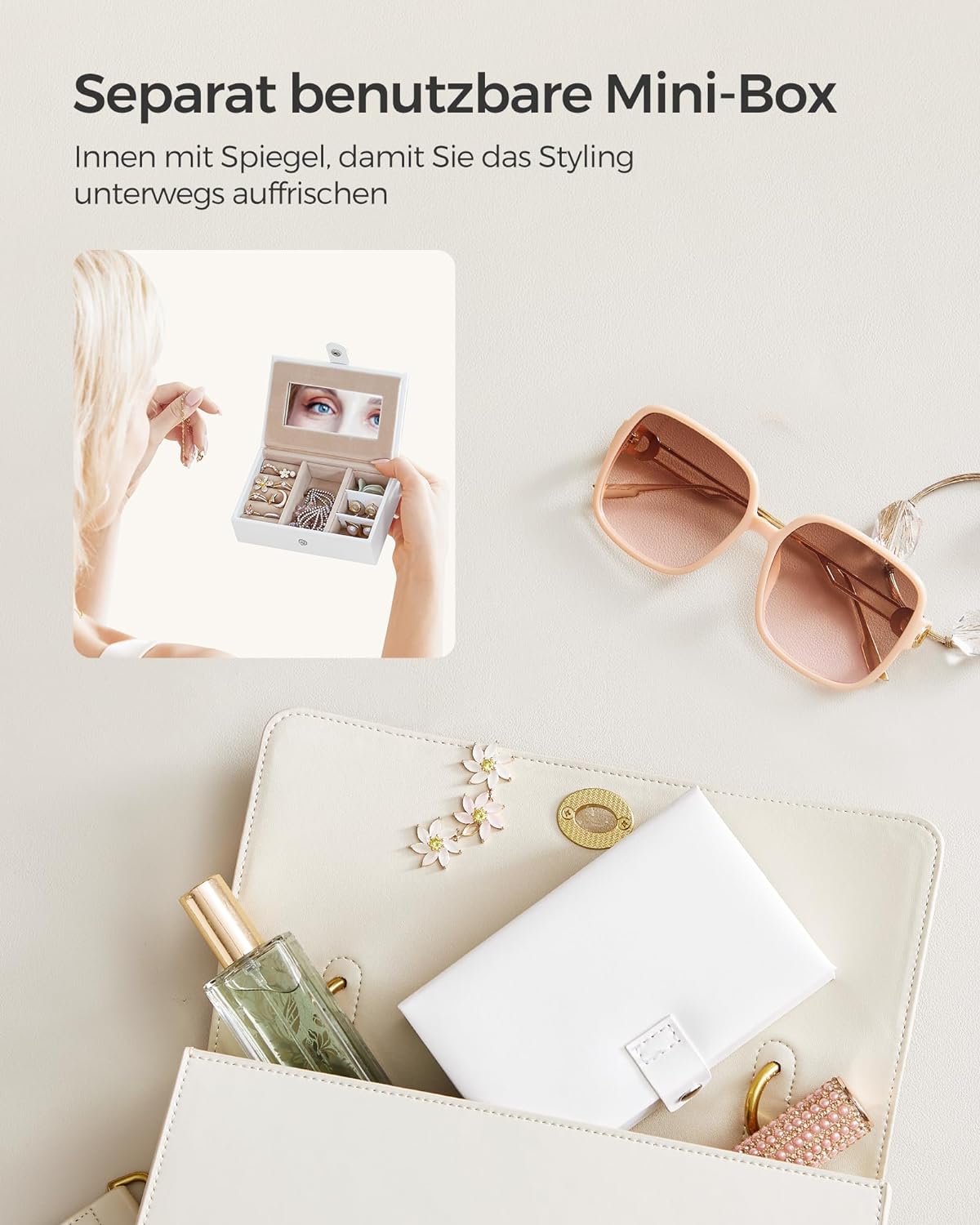 Songmics Φορητό Κουτί Αποθήκευσης Κοσμημάτων 3 Επιπέδων με Καθρέπτη και Κλειδαριά - White - JBC121W