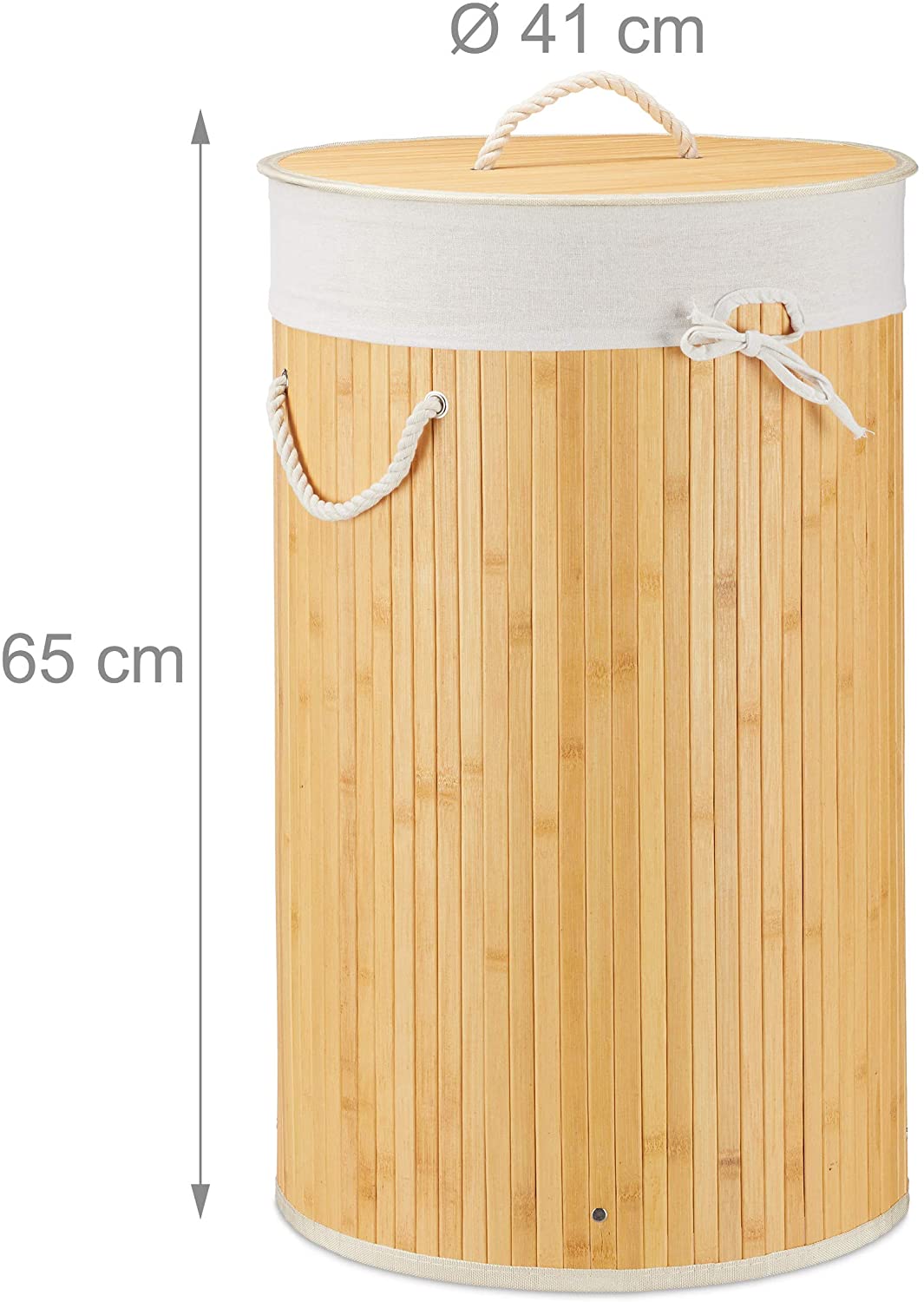 Relaxdays Πτυσσόμενο Στρόγγυλο Καλάθι Απλύτων από Μπαμπού με Καπάκι - Creme - 4052025918415