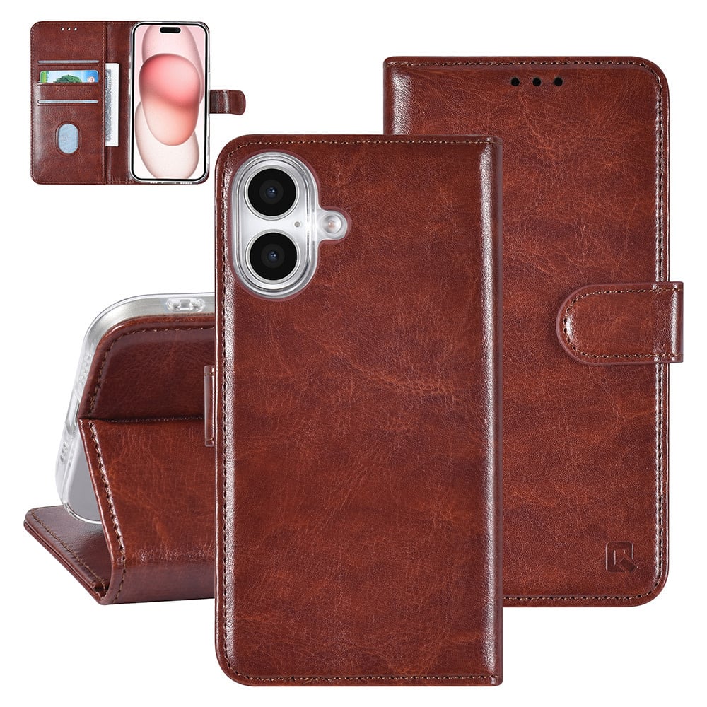 Tuniq iPhone 16 - Θήκη Πορτοφόλι Stand από Δερματίνη - Καφέ