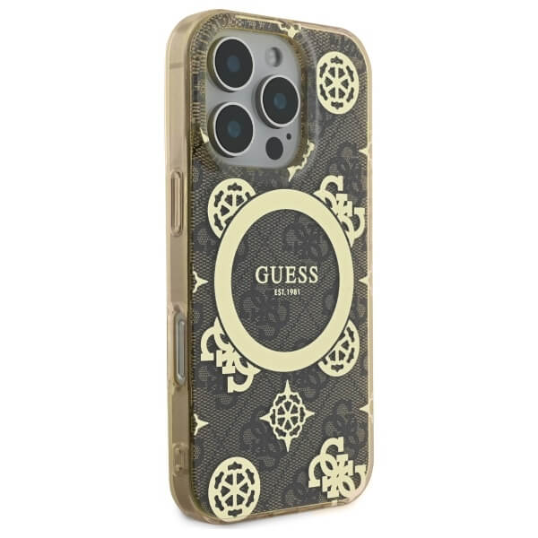Guess iPhone 16 Pro - IML Peony On 4G Background MagSafe - Θήκη με Επένδυση Συνθετικού Δέρματος - Brown - GUHMP16LH4PYEEW