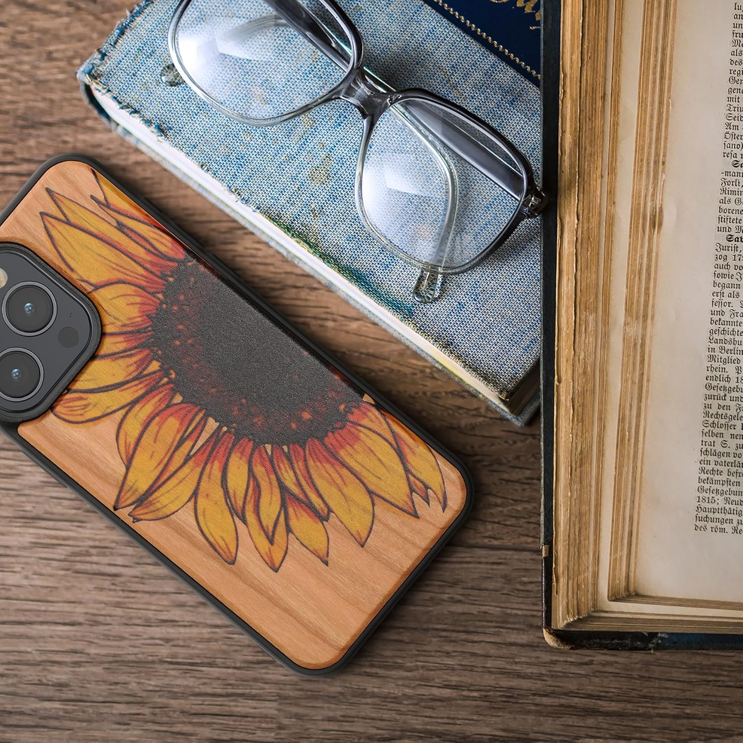 KW iPhone 15 Pro Max Θήκη από Φυσικό Ξύλο - Design Wood Sunflower - Yellow / Dark Brown / Light Brown