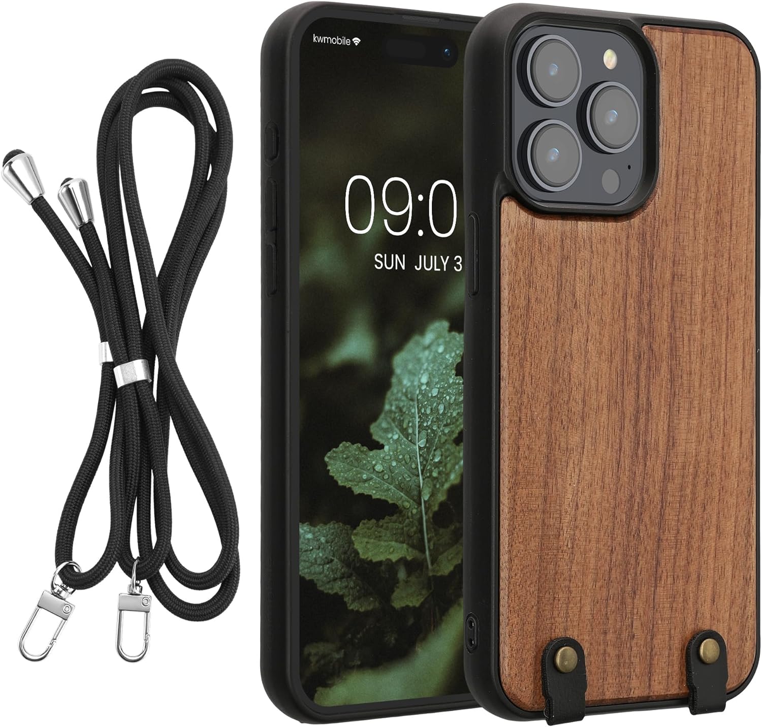 KW iPhone 15 Pro Max Θήκη από Φυσικό Ξύλο με Πλαίσιο Σιλικόνης και Λουράκι - Dark Brown